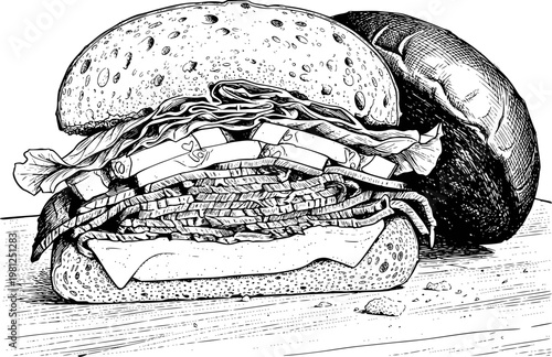 Detailed black and white ink of a large stacked deli sandwich a wooden surface food