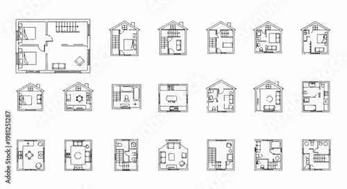 Collection of diverse house floor plans showing various room layouts and furniture arrangements