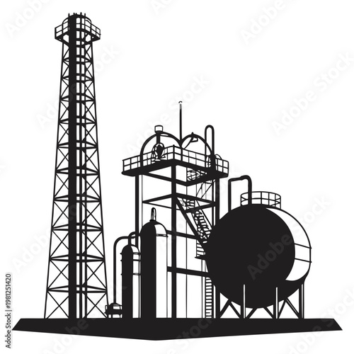 Industrial Oil Refinery Silhouette - Factory Processing Plant and Gas Storage Vector Illustration