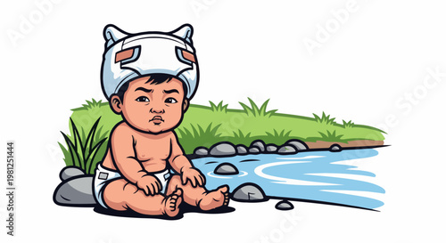 Chubby toddler sits by a gentle stream in a grassy area