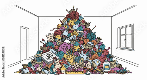 Chaotic pile of colorful crafting supplies overflows in a minimalist room