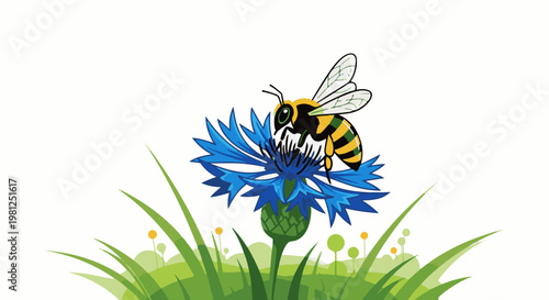 Cartoon bee collecting nectar from a bright blue cornflower in a field