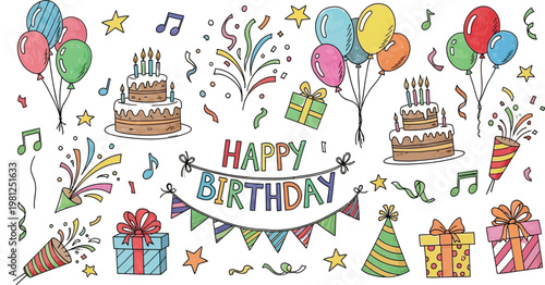 Hand drawn birthday celebration cakes balloons and gifts watercolor style