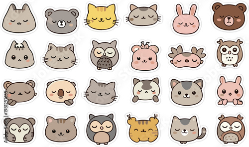 Set of Cute Kawaii Animal Stickers Featuring Cats, Bears, Rabbits, Koalas, Rainbows, and Cozy Lifestyle Elements in Pastel Vector Style