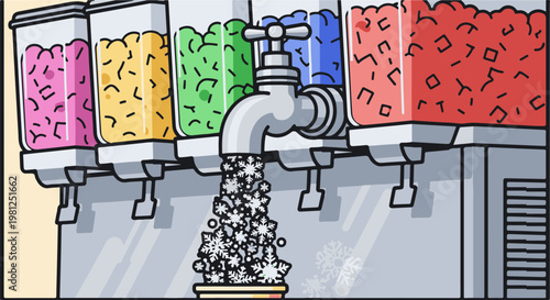 Cartoon beverage dispenser with colorful flavors and falling snowflakes