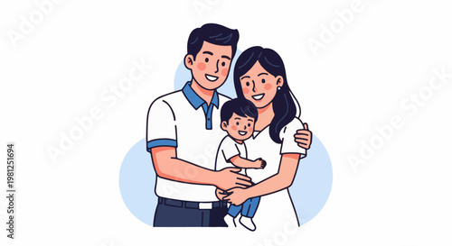 Cartoon parents embrace child tenderly with happy smiles