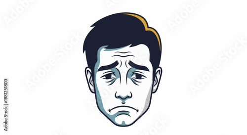 Cartoon portrait of a worried man with dark hair, furrowed brow