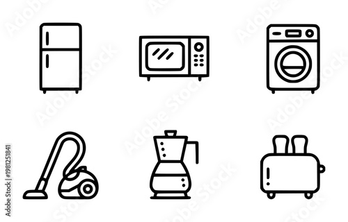 Collection of black outline of household appliances white background, kitchen