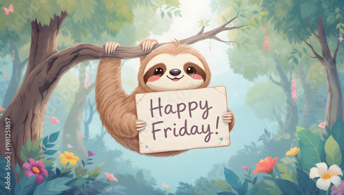 Cute sloth holding 'Happy Friday' sign in whimsical forest scene