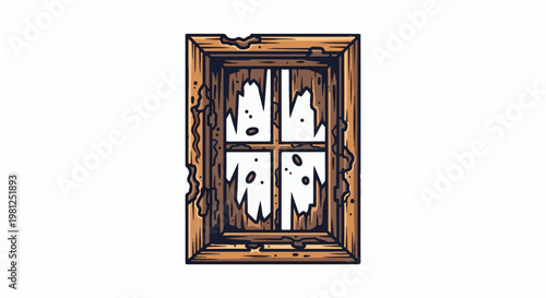 Broken, weathered wooden window frame with shattered glass panes