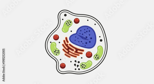 Cartoon depiction of a cell with nucleus, mitochondria, and endoplasmic reticulum