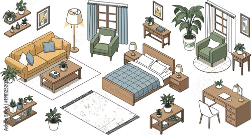 Cozy and functional isometric interior design layouts with furniture arrangements Vector