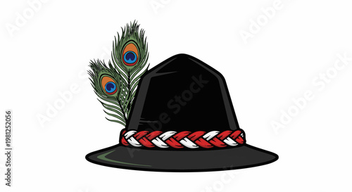 Black hat adorned with peacock feathers and a braided band