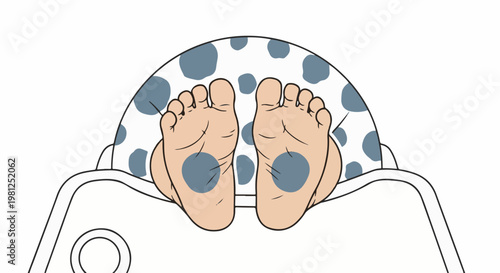 Cartoon soles of feet with gray spots, resting on a device