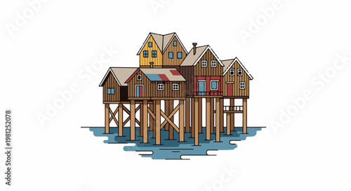 Cartoon depiction of stilted wooden houses over calm blue water
