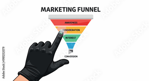 Black gloved hand interacts with a colorful marketing funnel illustration