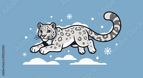 Cartoon snow leopard leaps across a winter sky with snowflakes