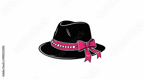 Black fedora hat with pink ribbon and bow adorned with pearls