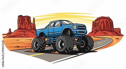 Blue monster truck drives on a desert road with red rock formations