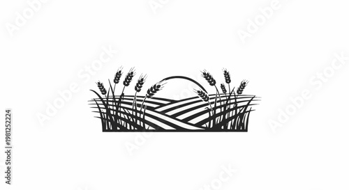 Black and white stylized illustration of wheat stalks framing a sunlit, curved horizon over cultivated fields