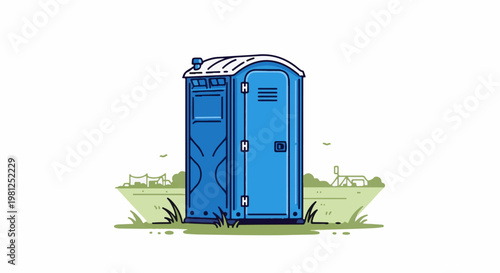 Blue portable toilet unit stands in a grassy field with distant tents