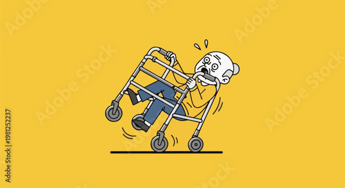Cartoon elder man struggling with a walker, falling over