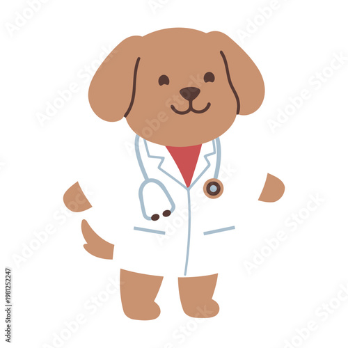 Cute cartoon dog wearing a doctor's coat and stethoscope