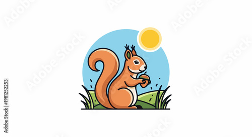 Cartoon squirrel with bushy tail holds acorn in sunny, grassy meadow