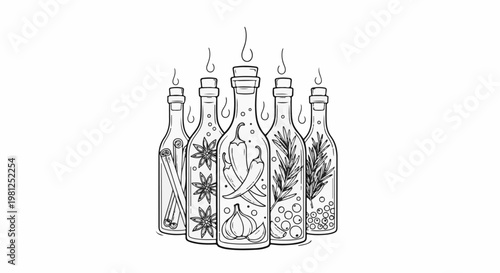 Collection of glass bottles with various spices and herbs inside