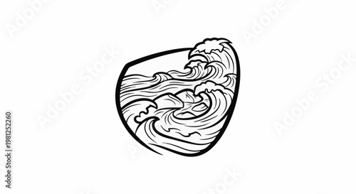 Black and white sketch of powerful ocean waves crashing over rocks within a shield shape