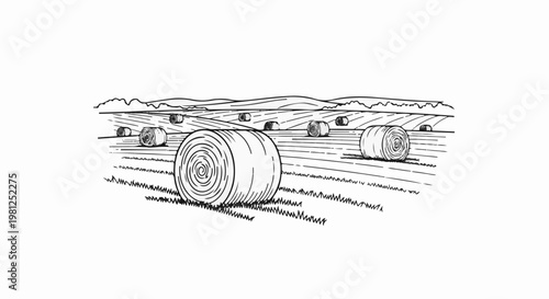 Black and white sketch of hay bales in a field with rolling hills in the background