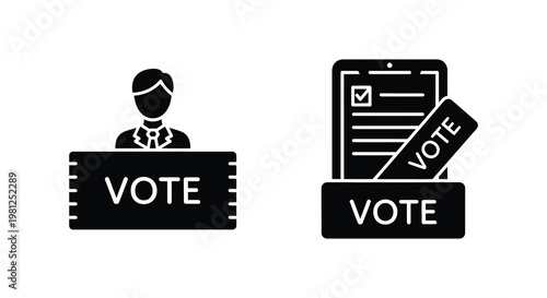 Voting process depicted with ballot box and citizen a black silhouette