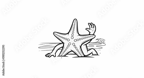 Cartoon starfish with arms and legs stranded on a beach with small waves