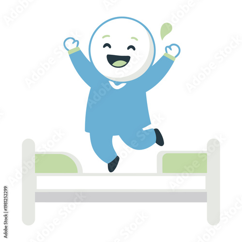 Happy cartoon character jumping on a bed person