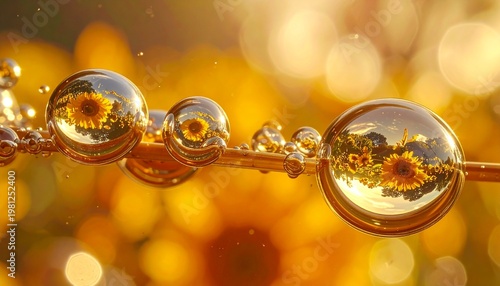 Water Droplets on Stem with Sunflower Reflections.