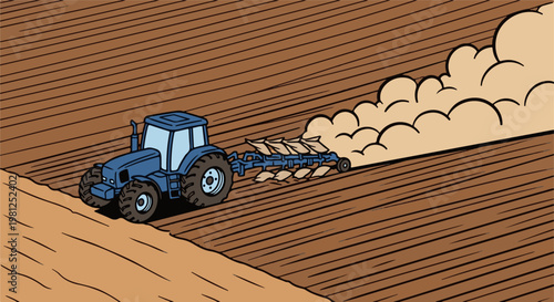 Blue tractor plows a dusty field