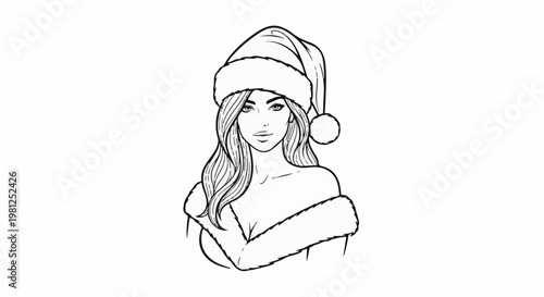 Black and white sketch of a woman wearing a Santa hat and fur trim