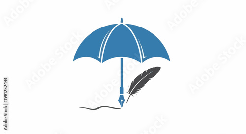 Blue umbrella shields a quill pen writing a wavy line on white background