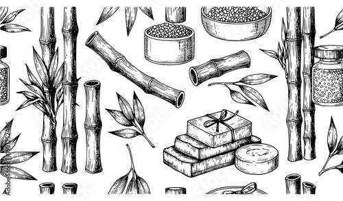 Bamboo Seamless Pattern Botanical Cosmetic Soap Spa Vector Design