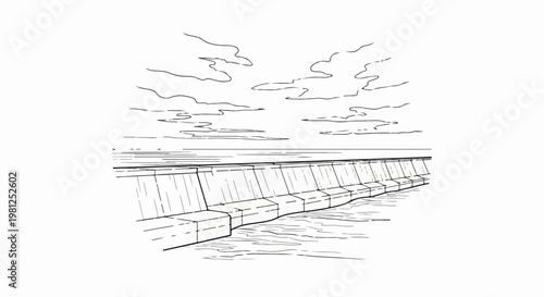 Black and white sketch of a massive concrete wall with choppy water below and clouds