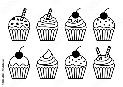 Collection of simple black and white line cupcakes with various toppings dessert