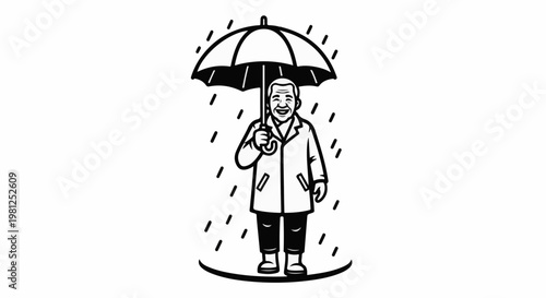 Cheerful man in raincoat and umbrella stands in rain under shelter