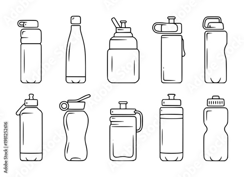 Collection of line for various water bottles and drink containers liquid