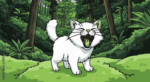 Cartoon white cat yawning widely in a lush green forest