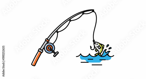 Cartoon fishing rod with fish jumping out of water