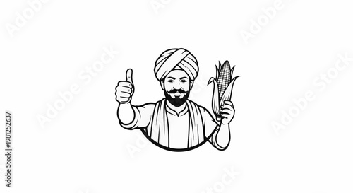 Cheerful man in turban, giving thumbs up, holding ripe corn cob