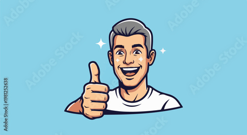 Cheerful man with gray hair gives a thumbs up with sparkle effects