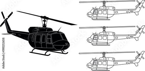 Helicopter collection line art vector illustration featuring military and transport chopper side views and silhouette aviation design set
