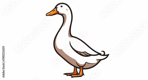 Cartoon white duck with orange beak and feet, brown outline