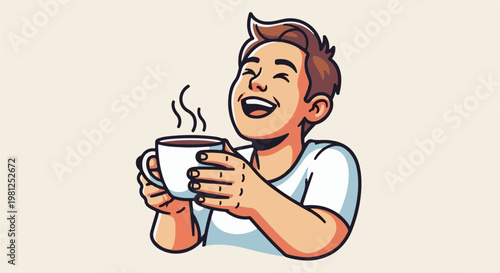 Cheerful person holding and enjoying a steaming cup of a warm beverage